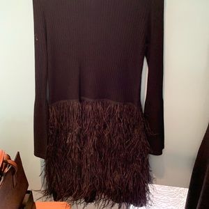 Turtleneck after five dress with feather skirt-